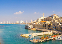 Panoramic view of The old city port of Jaffa with modern Tel Avi