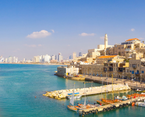 Panoramic view of The old city port of Jaffa with modern Tel Avi